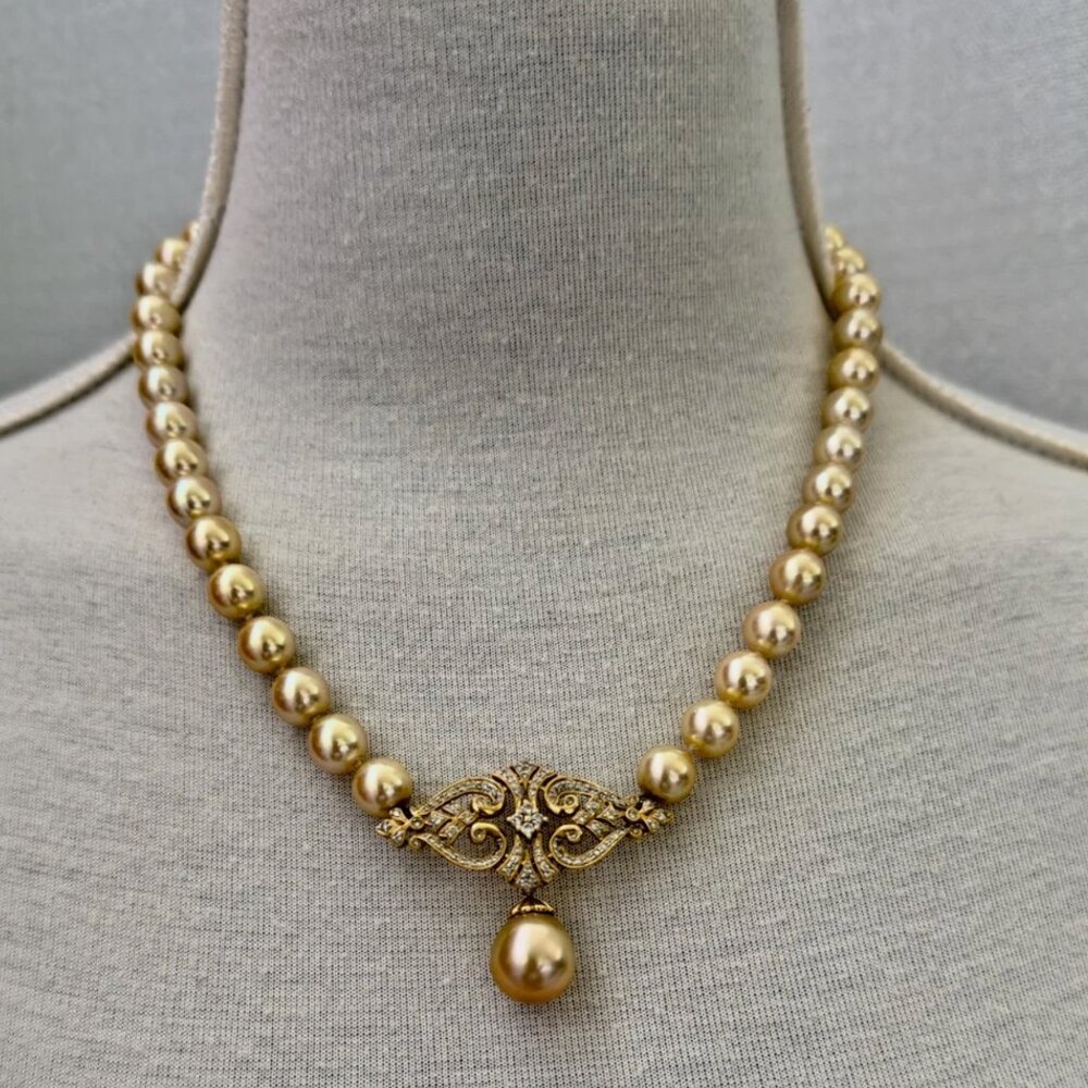 $20K Appraisal South Sea Golden Pearls & Diamond Necklace 14K YG